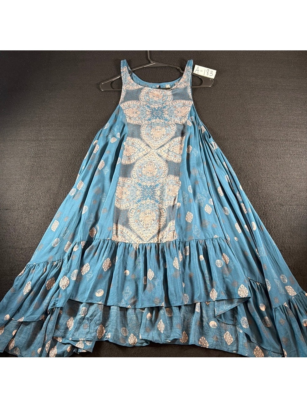 Free People Womens XS Oversized Swing Dress Teal Boho Paisley Tiered Ruffle